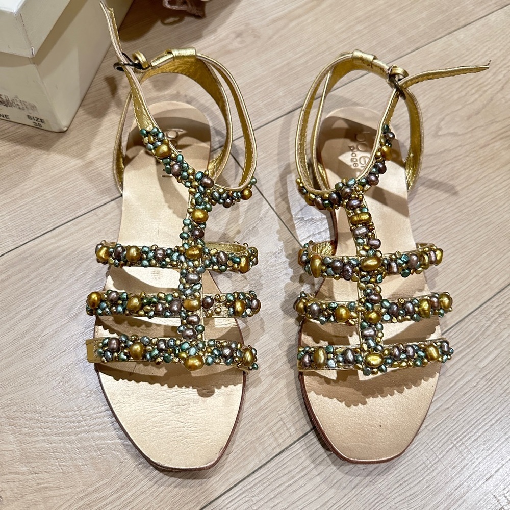 BO'EM Plage Italy Gold Hand Beaded Multi-Colored Faux-Pearl Sandals size‎ 38